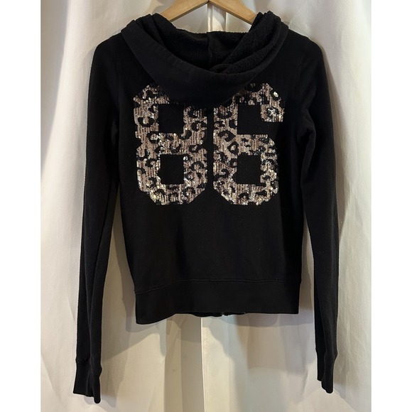 VTG Victorias Secret PINK Cheetah Print Sequin Bling Full Zip Hoodie Black 86 XS - Picture 1 of 6